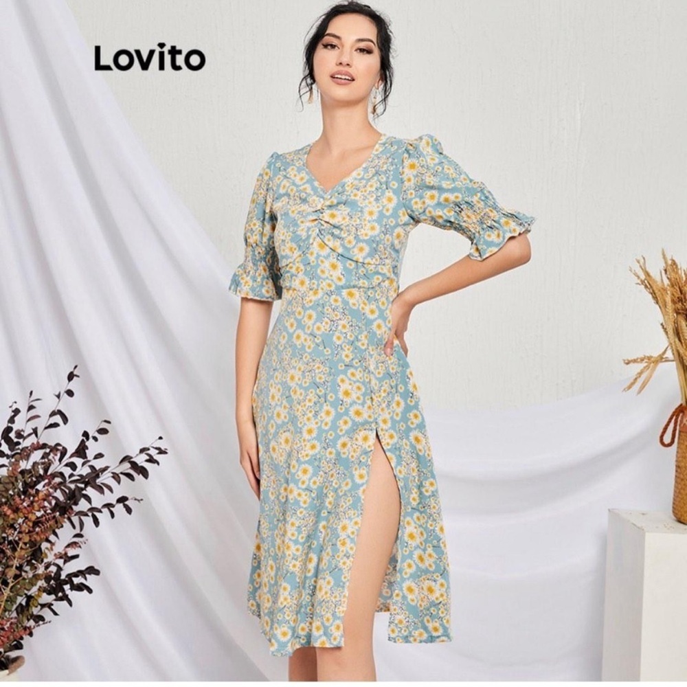 Cute Floral Print V Neck Split Thigh Dress